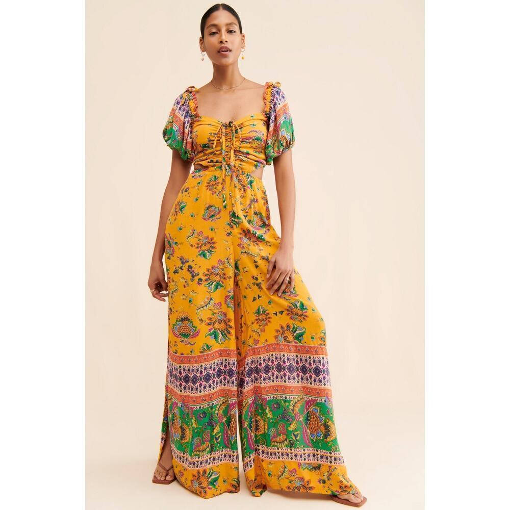 Free People Bali Citrus Skies Jumpsuit – Size L– Ruched Bodice, Cutouts,
